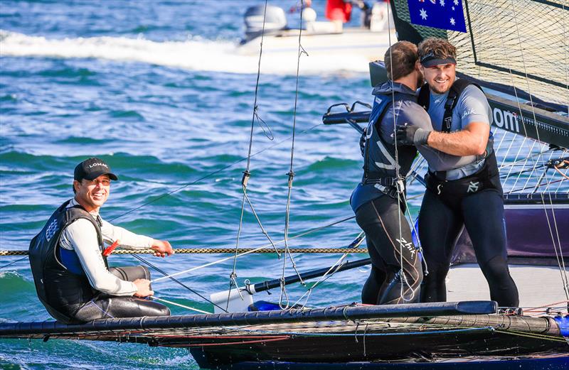 A happy Yandoo team, the world 18 footer champions photo copyright SailMedia taken at Australian 18 Footers League and featuring the 18ft Skiff class