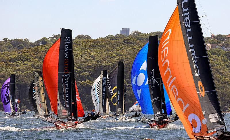 The fleet head to the bottom mark on Day 3 - Winnings JJ Giltinan Championship photo copyright SailMedia taken at Australian 18 Footers League and featuring the 18ft Skiff class
