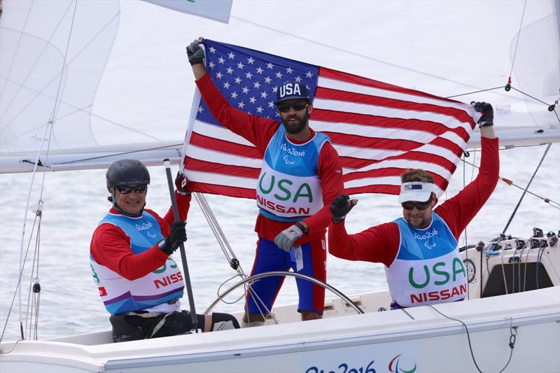 Silver for the USA Sonar team at the Rio 2016 Paralympic Sailing Competition photo copyright Richard Langdon / Ocean Images taken at  and featuring the Sonar class