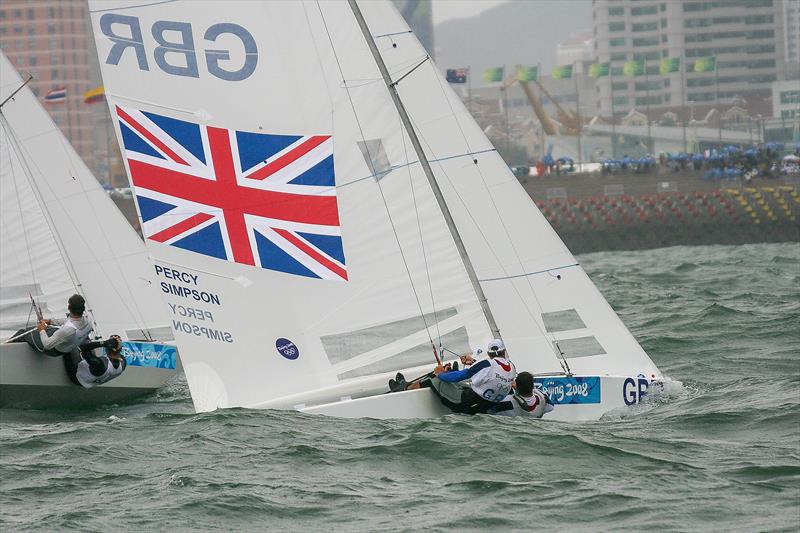 Iain Percy and Andrew (Bart) Simpson drive upwind in the Medal Race at the 2008 Olympic Regatta in torrid conditions to win the Gold Medal -2008 Olympic Regatta, Qingdao photo copyright Richard Gladwell taken at Qingdao Olympic Sailing Center and featuring the Star class