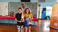 Jess & Charlotte Greenhill with their dad Craig, taking the 'Junior Helm' Trophy at the NSW Tasar State Championship 2021 © Craig Greenhil