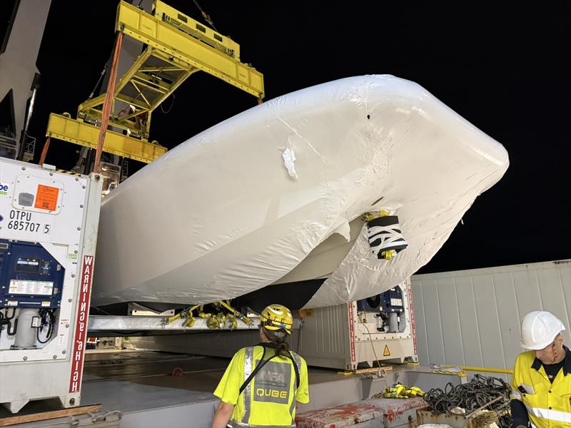 Django's Catalyst 45 tender by Lloyd Stevenson Boatbuilders is loaded for shipment to Italy - June 2026 - photo © TNL Pindar
