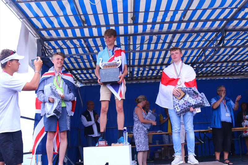 The 5.3 podium at the Rooster Topper World Championships 2017 photo copyright Simon McIlwaine / www.wavelengthimage.com taken at Le cercle nautique de Loctudy and featuring the Topper class