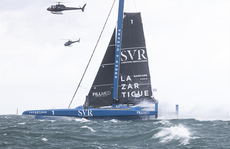 SVR Lazartigue leading the ULTIMs towards Porto Santo mark - Transat Jacques Vabre Normandie Le Havre photo copyright Mark Lloyd taken at  and featuring the Trimaran class