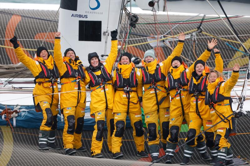 Arrival of Alexia Barrier and his crew of The Famous Project CIC Dee Caffari, Annemieke Bes, Deborah Blair, Molly LaPointe, Támara Echegoyen, Stacey Jackson and Rebecca Gmür Hornell - aboard Maxi Trimaran IDEC Sport off Ouessant, after Jules Verne Trophy - photo © Lloyd / Jmliot Images / CIC