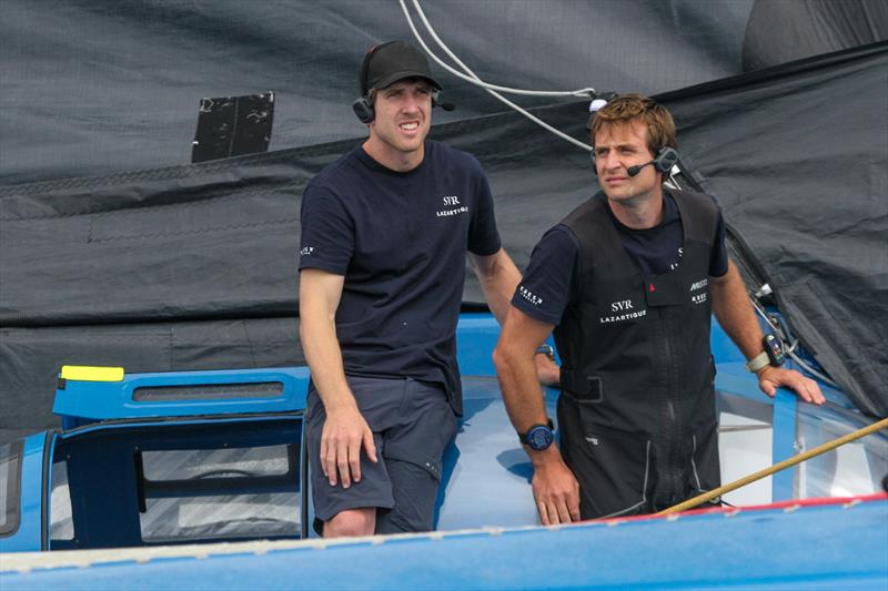 Peter Burling (left) with Tom Lapeche (skipper of the Ultim SVR Lazartigue) - start - Rolex Fastnet - Cowes - July 26, 2025 - photo © Richard Gladwell - Sail-World.com/nz