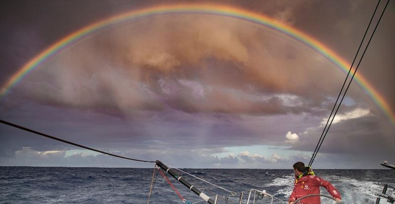 Leg 02, Lisbon to Cape Town, day 04, sunset on board Dongfeng. rainbow in the sky photo copyright Jeremie Lecaudey / Volvo AB taken at  and featuring the Volvo One-Design class