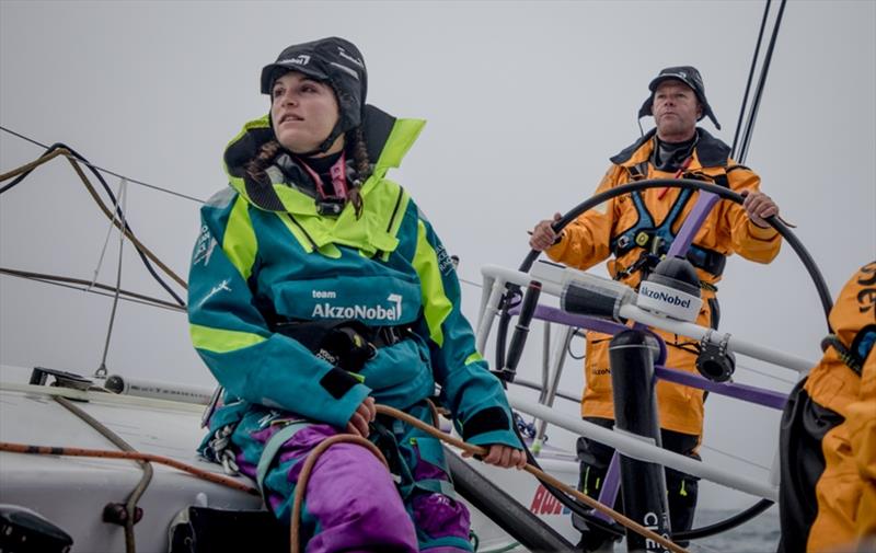 Leg 9, from Newport to Cardiff, day 2 on board Team AkzoNobel. Martine Grael and Chris Nicholson on deck in the white out. Visibility is with boats close by but out sight the crew try to keep the focus and make gains. 21 May, 2018 photo copyright Konrad Frost / Volvo AB taken at  and featuring the Volvo One-Design class