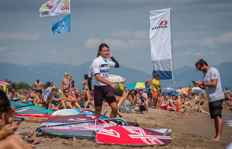 Riccardo Marca getting ready to please the crowd - EFPT Las Dunas Costa Brava photo copyright jobvermeulen.com taken at  and featuring the Windsurfing class