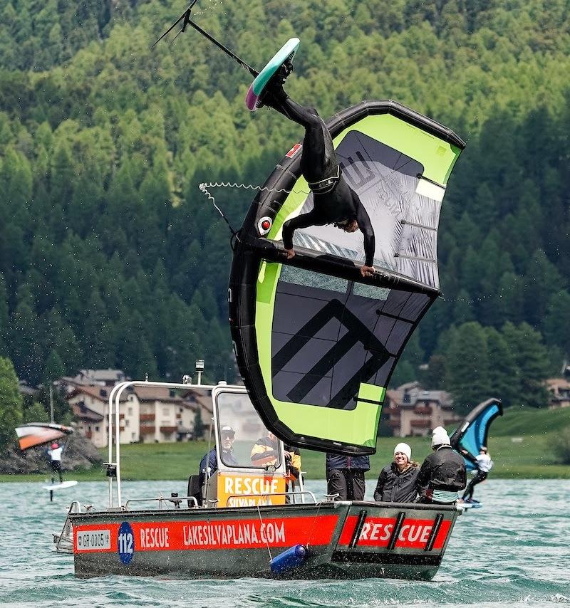 Local legend Balz Müller throws some pre-start shapes - Ensis Engadinwing 2024 Formula Wing Europeans day 1 - photo © IWSA Media / Sailing Energy