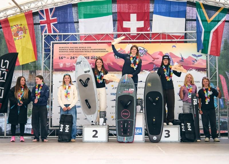 Maddalena Spanu on the podium at the WingFoil Racing World Cup event in Switzerland - photo © IWSA Media / Robert Hajduk