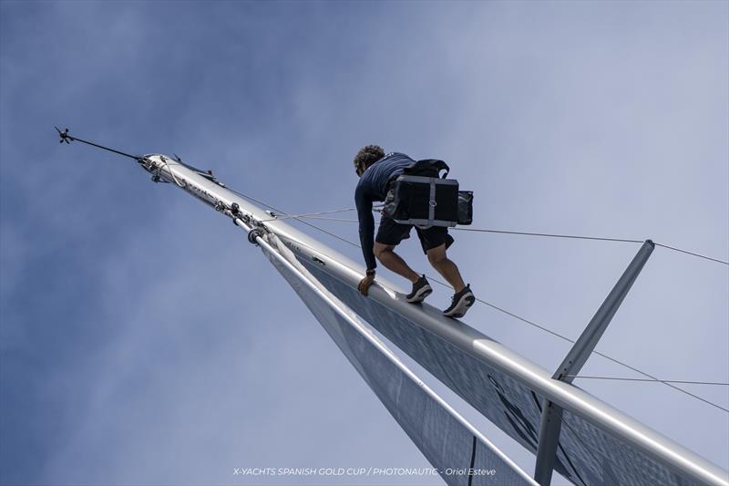 Rodrigo up the mast of 'Buen Camino' on day 3 of the inaugural X-Yachts Spanish Gold Cup - photo © Oriold Esteve / www.photonautic.com