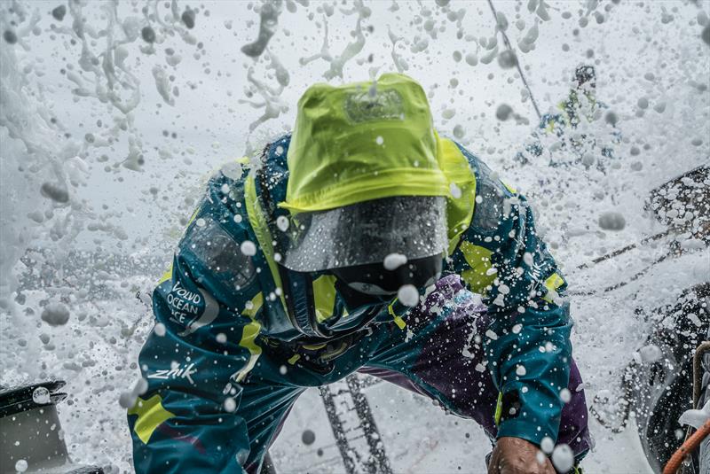 Simeon Tienpont getting hosed in his Isotak X hood on board Team AkzoNobel during Volvo Ocean Race Leg 3 from Cape Town to Melbourne photo copyright James Blake / Volvo Ocean Race taken at  and featuring the  class